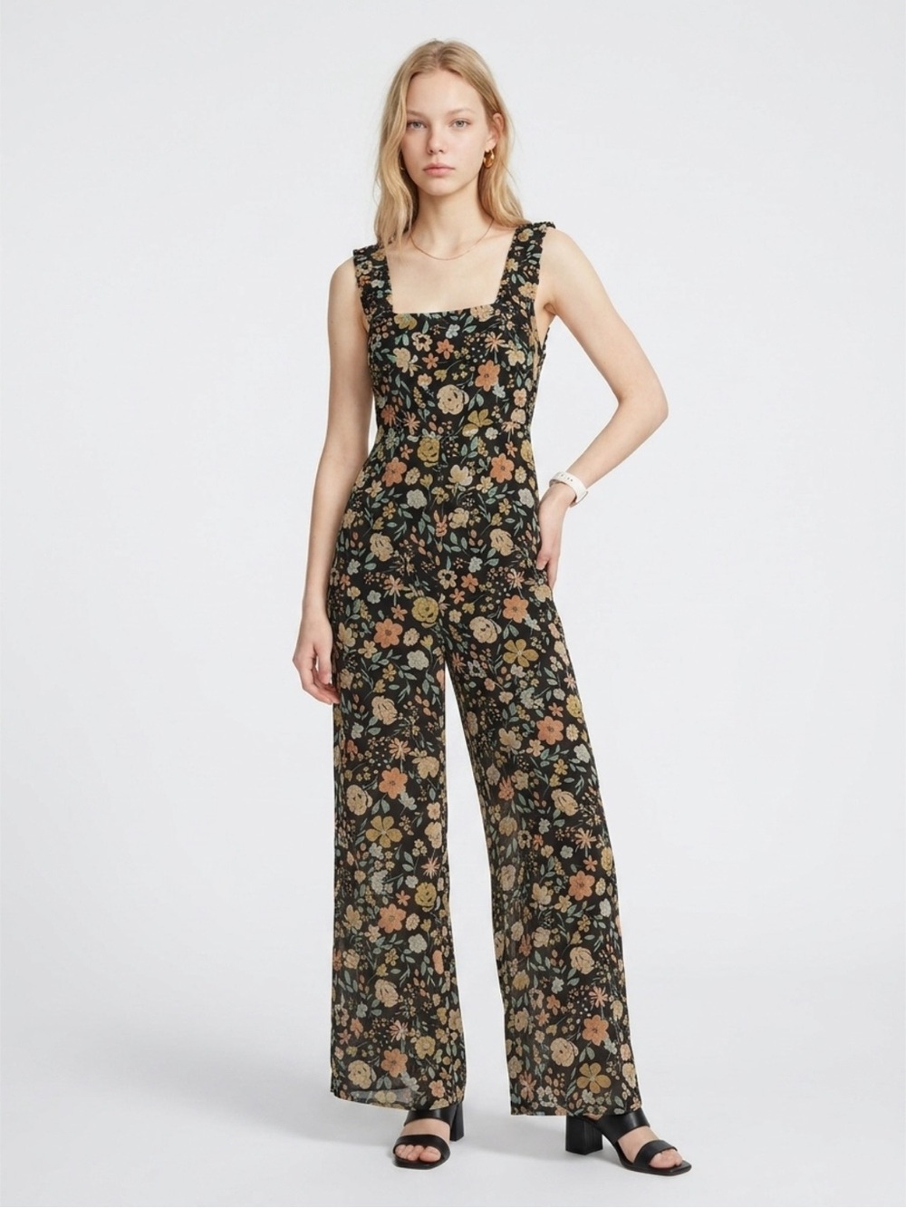 Floral Square-Neck Wide-Leg Jumpsuit - Black Floral